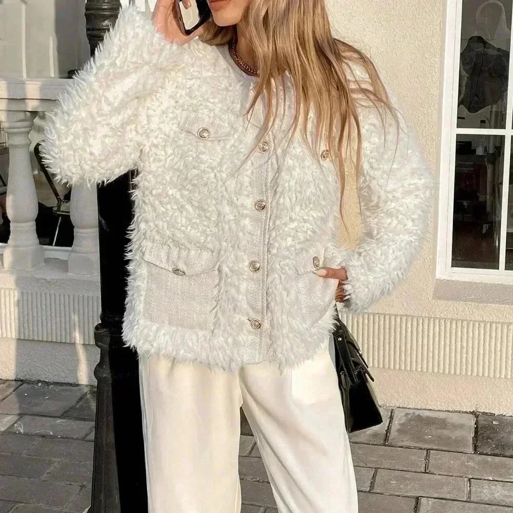 Beige Casual Women's Long Sleeve Faux Fur Crew Neck Tweed Coat - Picture 6 of 6